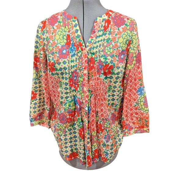 Talbots XS Colorful Floral Pleat Front Cotton button down 3/4 sleeve Semi Sheer - Picture 1 of 4